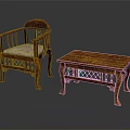 Vintage Wooden Chair And Coffee Table With Carved Patterns And Upholstered Seat