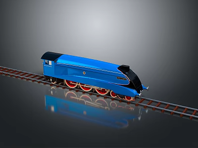 Blue Train Model On Rail Tracks With Reflection 3d model