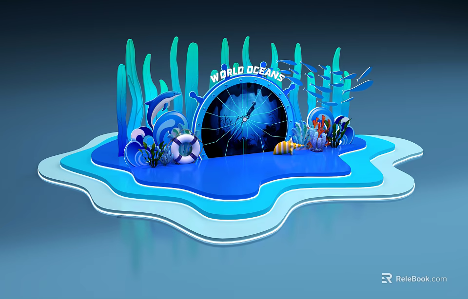 Wild Oceans Themed Display With Blue Water Scene Seaweed Ship Wheel And Lifebuoy 3d model 