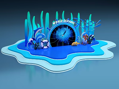 Wild Oceans Themed Display With Blue Water Scene Seaweed Ship Wheel And Lifebuoy 3d model