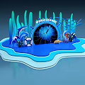 Wild Oceans Themed Display With Blue Water Scene Seaweed Ship Wheel And Lifebuoy
