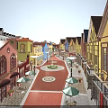 Vibrant Commercial Street with Colorful Buildings Pedestrians Circular Plaza Street Lamps and Outdoor Cafes