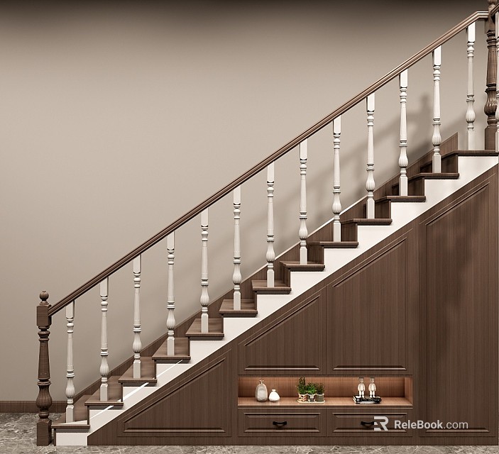 Modern Wooden Staircase With White Railing And Wooden Panel Wall Built In Shelf Design 3d model 