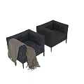 Blue Single Sofa With Beige Fringed Throw Blanket And Black Legs