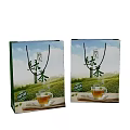 Premium Green Tea Packaging With Brewed Tea Cup And Tea Garden View