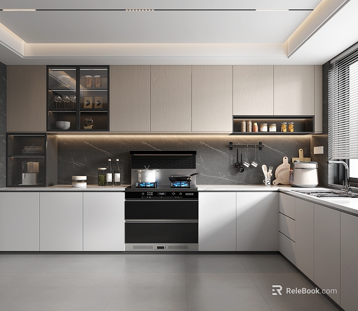 Modern Open Kitchen Interior Design With Island Counter Cabinets And Appliances 3d model 