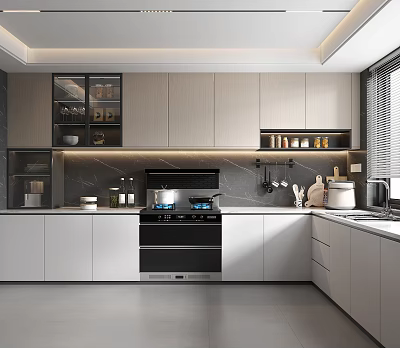 Modern Open Kitchen Interior Design With Island Counter Cabinets And Appliances 3d model