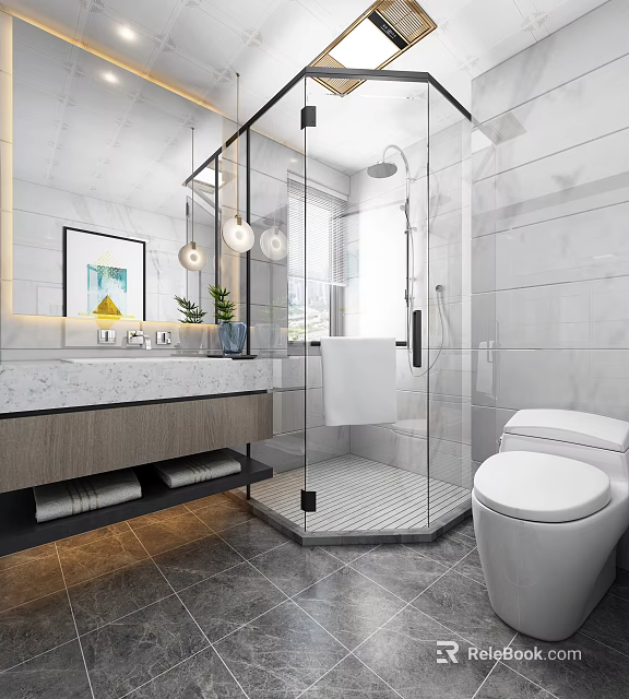 Modern Bright Airy Bathroom With Marble Tiles And Clear Glass Shower Enclosure For Home Design 3d model 