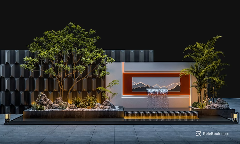 Modern Courtyard Landscape With Green Trees Rock Formations Waterfall And Mountain Painting 3d model 