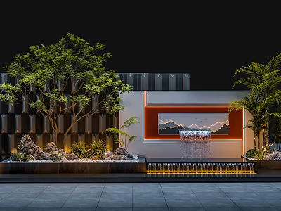 Modern Courtyard Landscape With Green Trees Rock Formations Waterfall And Mountain Painting 3d model