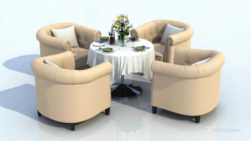 Stylish Round Table And Beige Armchair Set With White Tablecloth Vase Flowers And Tableware 3d model 