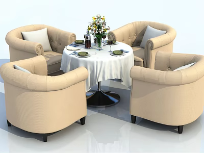 Stylish Round Table And Beige Armchair Set With White Tablecloth Vase Flowers And Tableware 3d model