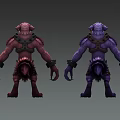Purple And Red Monster Characters With Muscular Build Sharp Teeth Wrist Bands