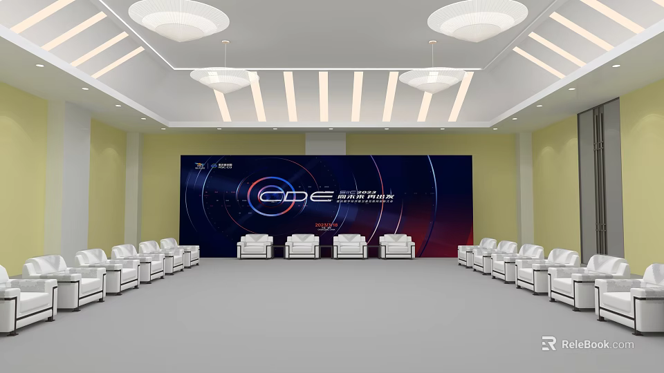 Modern Hotel Public Lounge Area With White Chairs Large Screen And Ceiling Lights 3d model 