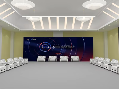 Modern Hotel Public Lounge Area With White Chairs Large Screen And Ceiling Lights 3d model