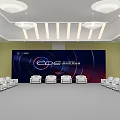 Modern Hotel Public Lounge Area With White Chairs Large Screen And Ceiling Lights