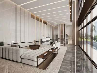 Luxurious Modern Hotel Lobby Interior With Comfortable Sofas Marble Flooring And Large Windows 3d model