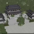 Ancient Chinese Architecture Complex With Multi Story Pavilions Classic Roofs And Tree Surrounded Stone Courtyard