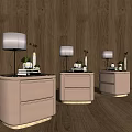 Three Modern Nightstands with Table Lamps Books and Decorations against Wooden Wall and Floor