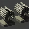 Two White Multi Tube Missile Launchers with Cylindrical Tubes and Square Bases