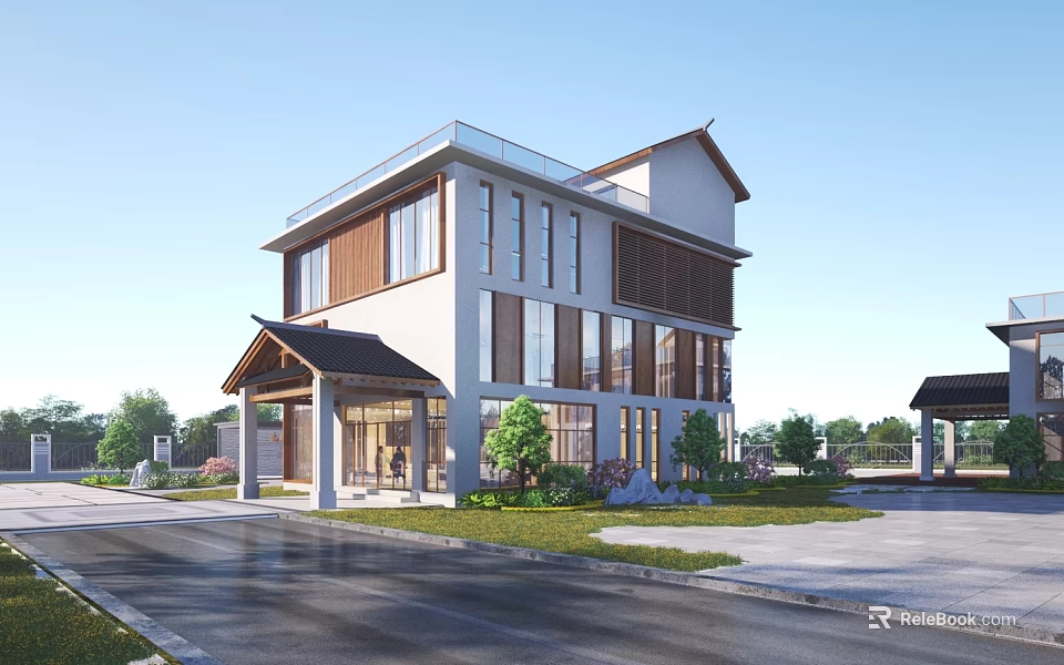Modern Traditional Detached Villa With Two Story Design Large Windows And Landscaped Lawn 3d model 