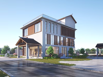 Modern Traditional Detached Villa With Two Story Design Large Windows And Landscaped Lawn 3d model