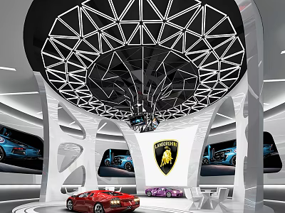Lamborghini Luxury Car Showroom With Modern Geometric Ceiling And Red Sports Car 3d model