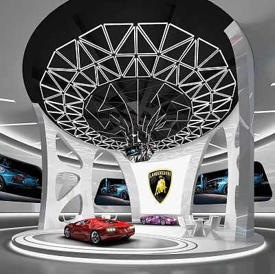 Lamborghini Luxury Car Showroom With Modern Geometric Ceiling And Red Sports Car 3d model