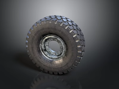 Truck Tire With Deep Tread Pattern And Metal Rim On Dark Background 3d model