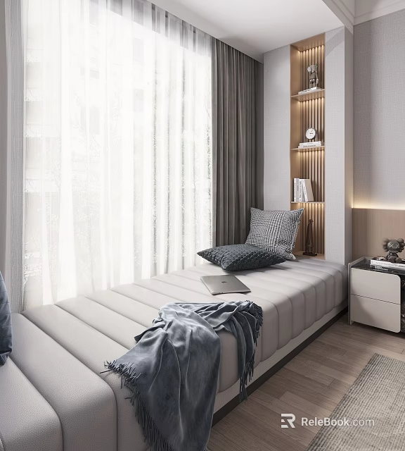 Cozy Bay Window Seat With White Curtains Soft Pillows And Laptop 3d model 