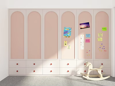 Pink Wardrobe With Arched Doors Red Knob Drawers And Stickers Calendar Notes In Kids Room 3d model