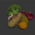 Fresh Assorted Vegetables Including Broccoli Potatoes Red Onions Garlic And Lemon On Dark Background