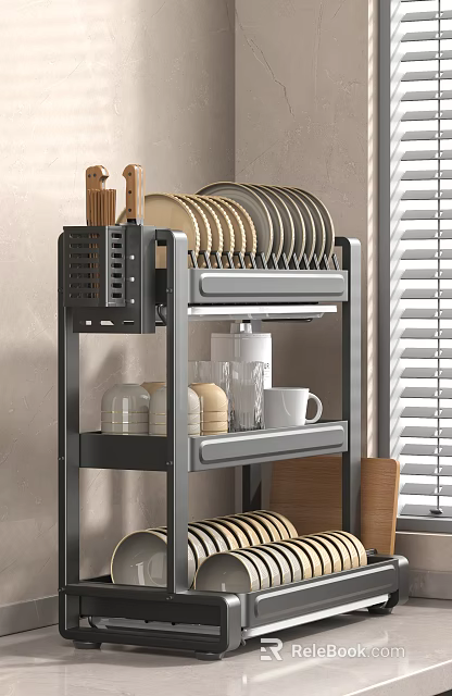 Practical Kitchen Cookware Storage Shelf With Stacked Dishes And Ceramic Mugs 3d model