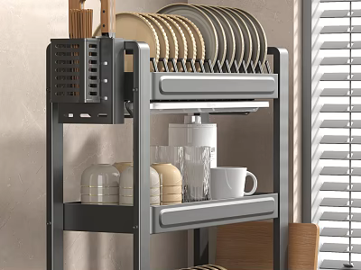 Practical Kitchen Cookware Storage Shelf With Stacked Dishes And Ceramic Mugs 3d model