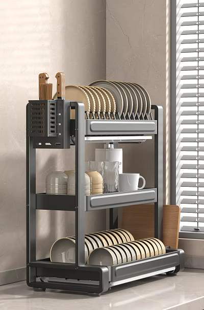Practical Kitchen Cookware Storage Shelf With Stacked Dishes And Ceramic Mugs 3d model Practical Kitchen Cookware Storage Shelf With Stacked Dishes And Ceramic Mugs 3d model