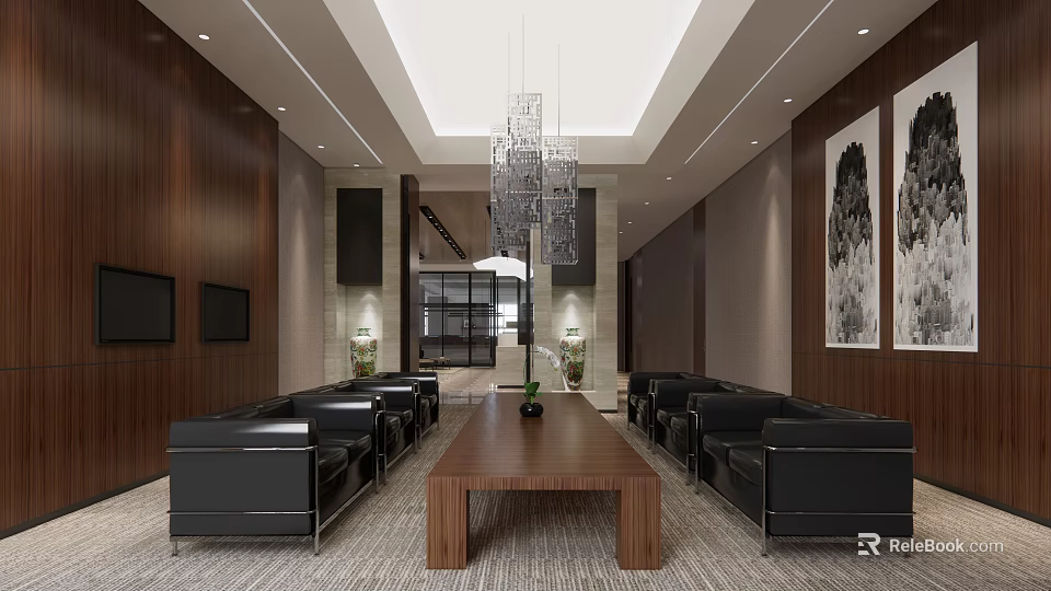 Modern Hotel Public Lounge Interior With Wooden Walls Chandelier Black Leather Sofas And Wooden Table 3d model 