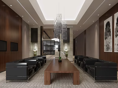 Modern Hotel Public Lounge Interior With Wooden Walls Chandelier Black Leather Sofas And Wooden Table 3d model