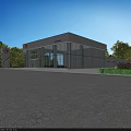 Modern Car Dealership Showroom Exterior With Glass Walls Trees And Parking Area