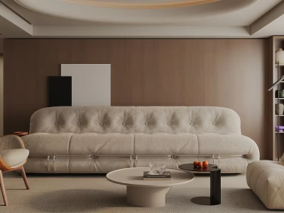 Modern Minimalist Living Room Interior Design With Beige Sofa Wooden Wall And Round Coffee Table 3d model