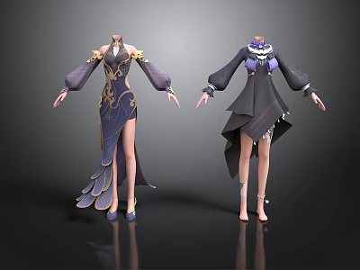 Two Stylish Women's Dresses With Elegant Purple Patterns And Layered Hem Designs 3d model