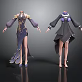 Two Stylish Women's Dresses With Elegant Purple Patterns And Layered Hem Designs