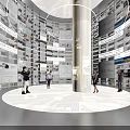 Modern Exhibition Hall With Golden Central Pillar Circular Bookshelves And Radial Floor Design