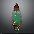 Enchanted Glass Bottle With Green Liquid Golden Decorative Base Red Stopper And Ring