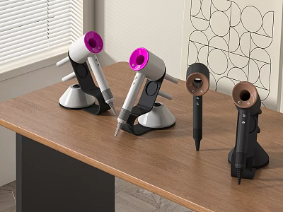 Various Colored Hair Dryers On Wooden Table With Modern Design And Background Decor 3d model