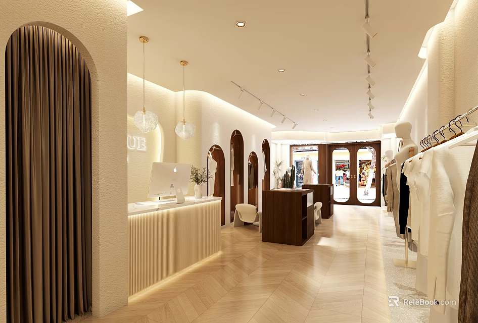 Modern Clothing Store Interior with Arched Doorways Pendant Lights Wooden Counter and Herringbone Flooring 3d model 