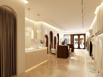 Modern Clothing Store Interior with Arched Doorways Pendant Lights Wooden Counter and Herringbone Flooring 3d model