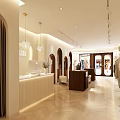 Modern Clothing Store Interior with Arched Doorways Pendant Lights Wooden Counter and Herringbone Flooring
