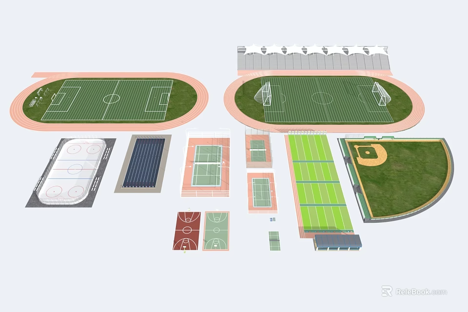 Various Sports Field Layouts Including Football Courts Basketball Courts Tennis Courts And Running Tracks 3d model 
