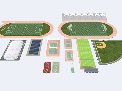 Various Sports Field Layouts Including Football Courts Basketball Courts Tennis Courts And Running Tracks 3d model