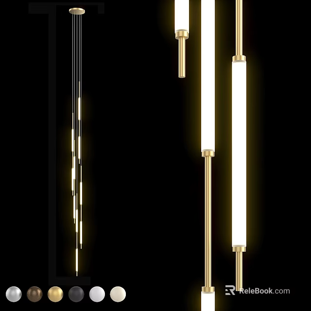 Modern Sleek Chandelier Design With Golden Metal Rods And Long Illuminated Tubes 3d model 